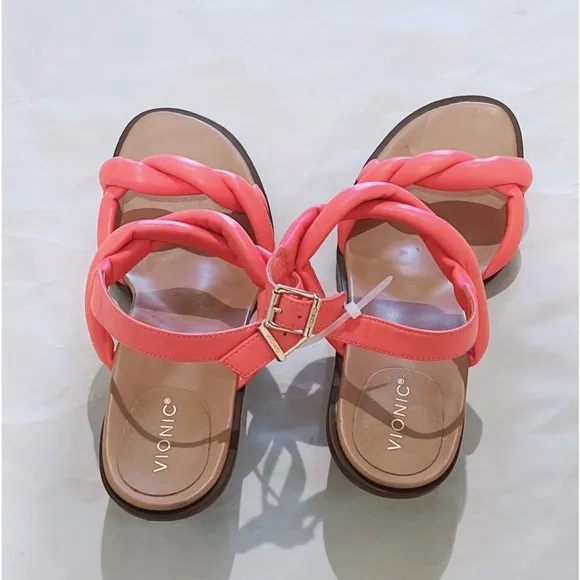 Vionic Freesia Angelica Puffy Strap Kitten Heel Sandals in Shell Pink Sz 8 NWOB