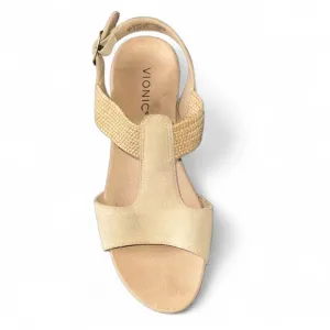 Vionic Kaytie Beige Wedge Suede Strappy Sandals Size 8 Comfort Cork Heel