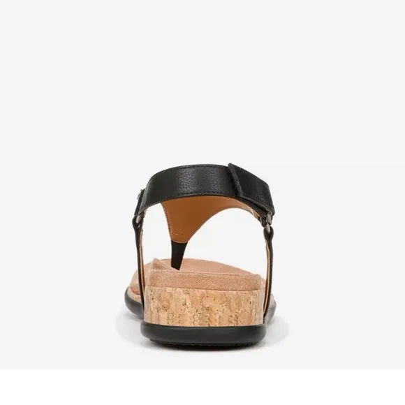 Vionic Kirra II Leather Wedge Sandal Black and Tan with Cork Footbed