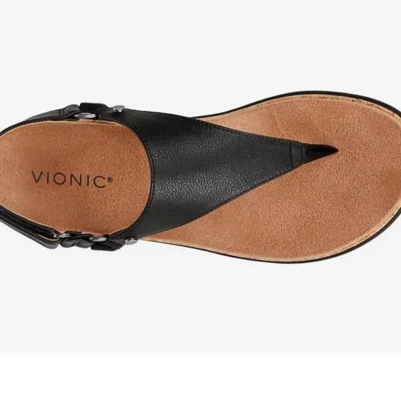 Vionic Kirra II Leather Wedge Sandal Black and Tan with Cork Footbed
