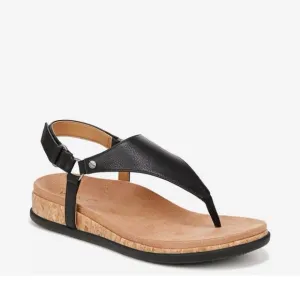 Vionic Kirra II Leather Wedge Sandal Black and Tan with Cork Footbed