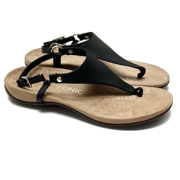 Vionic Kirra Orthaheel comfort support black with tan footbed sandals 9