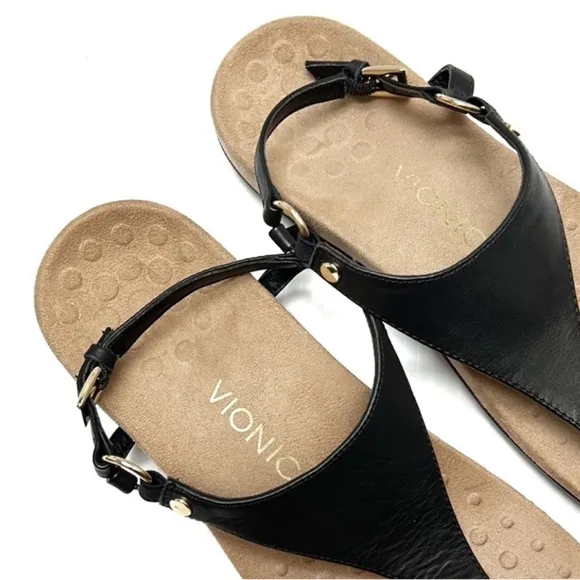Vionic Kirra Orthaheel comfort support black with tan footbed sandals 9