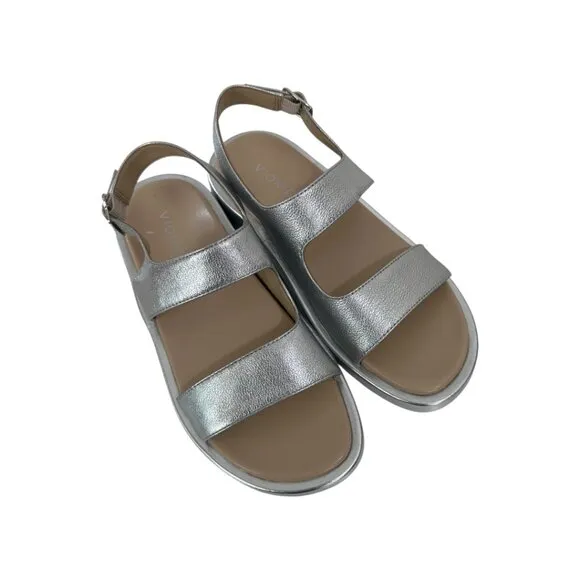 Vionic Madera Womens SZ 9 Metallic Silver Leather Sandal Adj Slingback Strap NEW