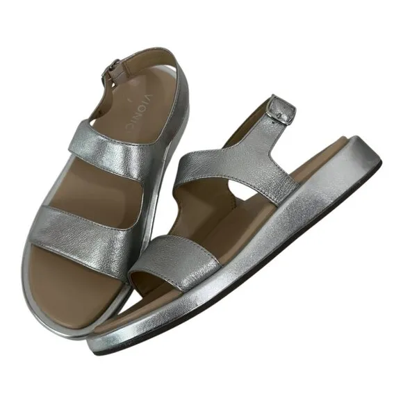 Vionic Madera Womens SZ 9 Metallic Silver Leather Sandal Adj Slingback Strap NEW