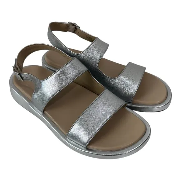 Vionic Madera Womens SZ 9 Metallic Silver Leather Sandal Adj Slingback Strap NEW