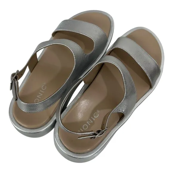 Vionic Madera Womens SZ 9 Metallic Silver Leather Sandal Adj Slingback Strap NEW