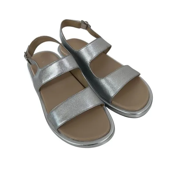 Vionic Madera Womens SZ 9 Metallic Silver Leather Sandal Adj Slingback Strap NEW