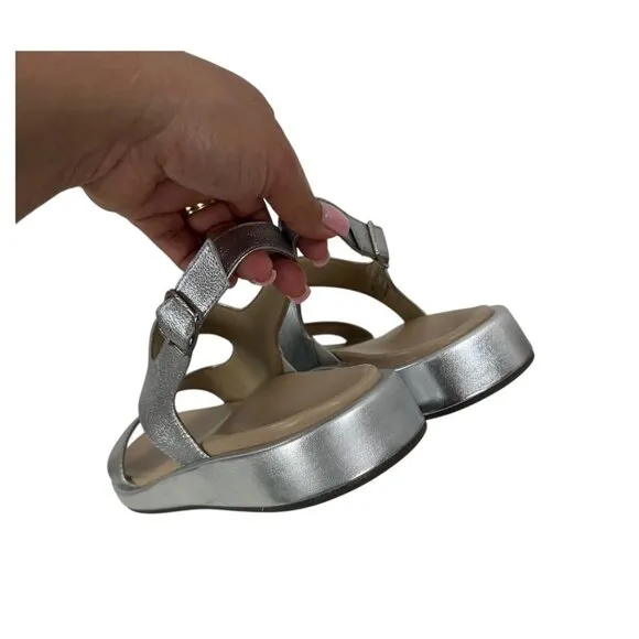 Vionic Madera Womens SZ 9 Metallic Silver Leather Sandal Adj Slingback Strap NEW