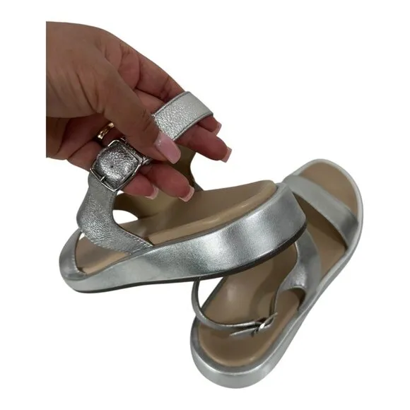 Vionic Madera Womens SZ 9 Metallic Silver Leather Sandal Adj Slingback Strap NEW