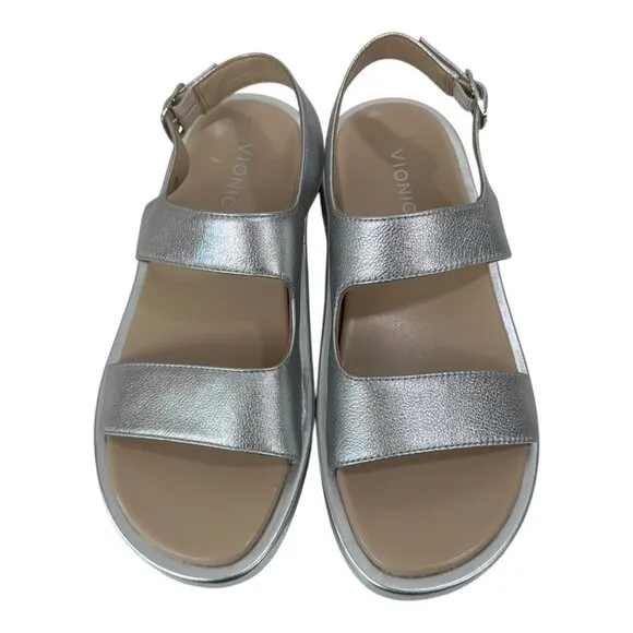 Vionic Madera Womens SZ 9 Metallic Silver Leather Sandal Adj Slingback Strap NEW