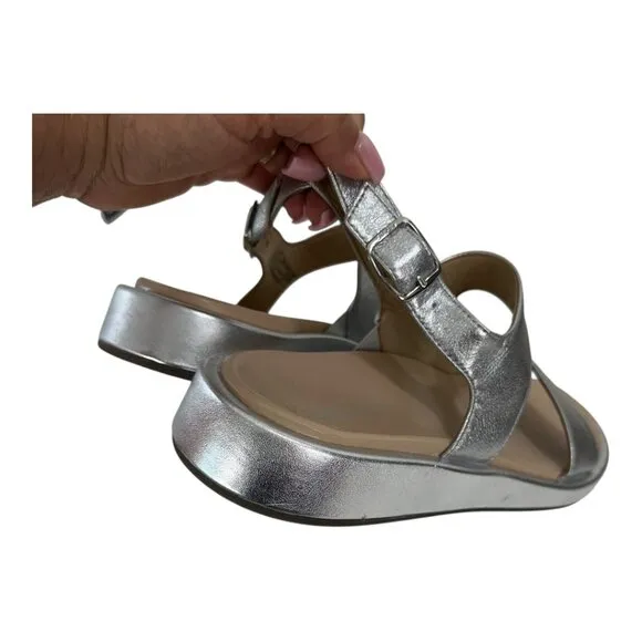 Vionic Madera Womens SZ 9 Metallic Silver Leather Sandal Adj Slingback Strap NEW