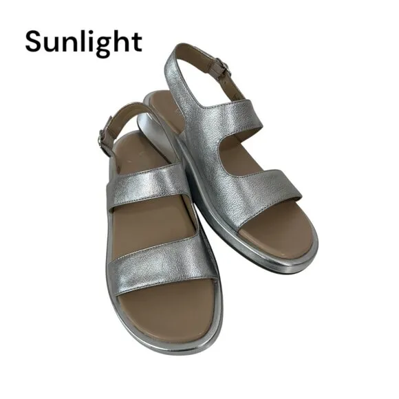 Vionic Madera Womens SZ 9 Metallic Silver Leather Sandal Adj Slingback Strap NEW