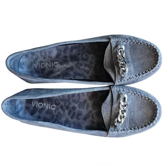 Vionic Mesa Suede Leather Grey SlipOn Loafers Silver Metal Accent RubberSole Sz7