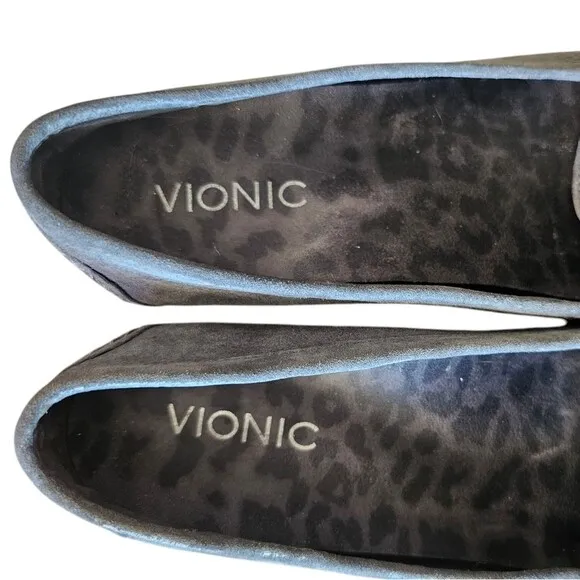 Vionic Mesa Suede Leather Grey SlipOn Loafers Silver Metal Accent RubberSole Sz7