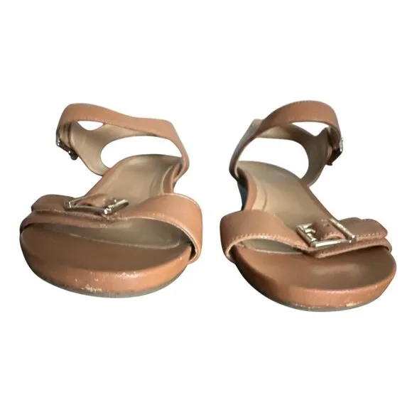 Vionic Port Frances Tan Leather Wedge Sandals Velcro Adjustable Buckles Size 9