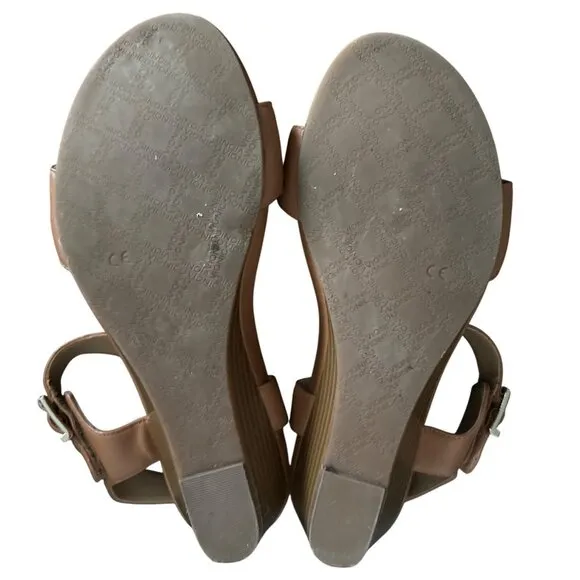 Vionic Port Frances Tan Leather Wedge Sandals Velcro Adjustable Buckles Size 9