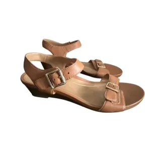 Vionic Port Frances Tan Leather Wedge Sandals Velcro Adjustable Buckles Size 9