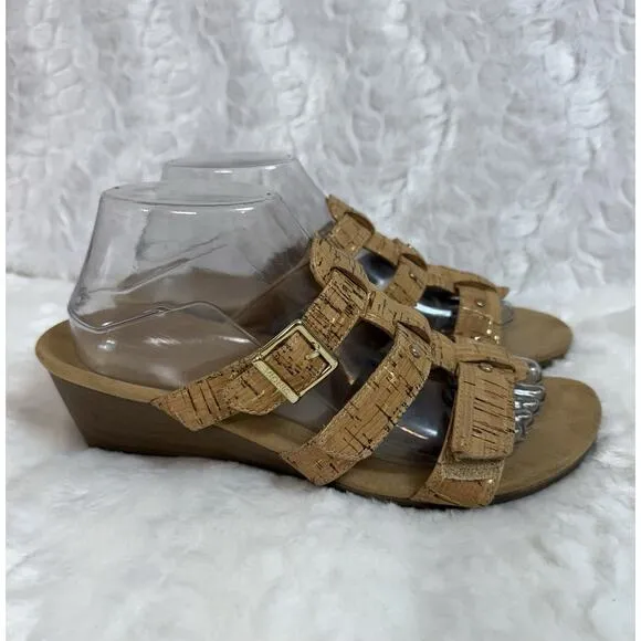 Vionic Women’s 381 Radia Tan Strappy Cork Wedge Orthotic Sandal Slide Size 9