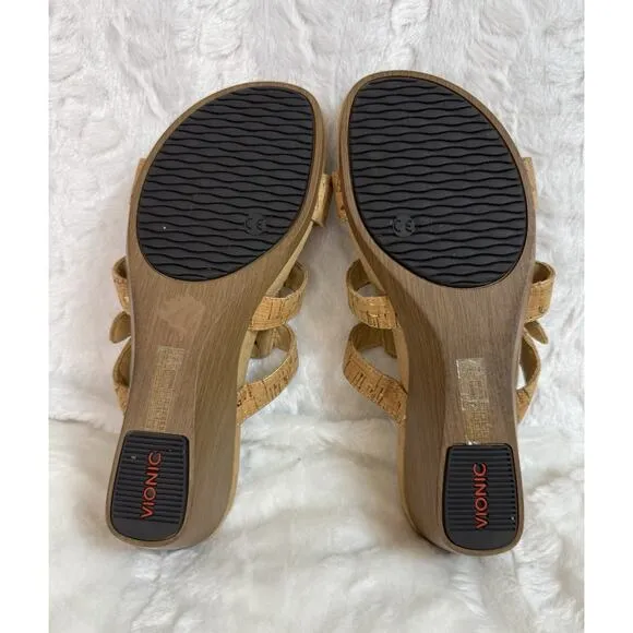 Vionic Women’s 381 Radia Tan Strappy Cork Wedge Orthotic Sandal Slide Size 9