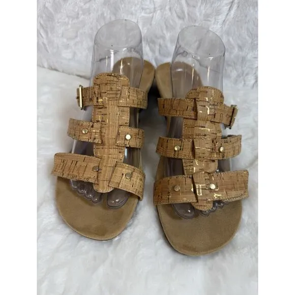 Vionic Women’s 381 Radia Tan Strappy Cork Wedge Orthotic Sandal Slide Size 9