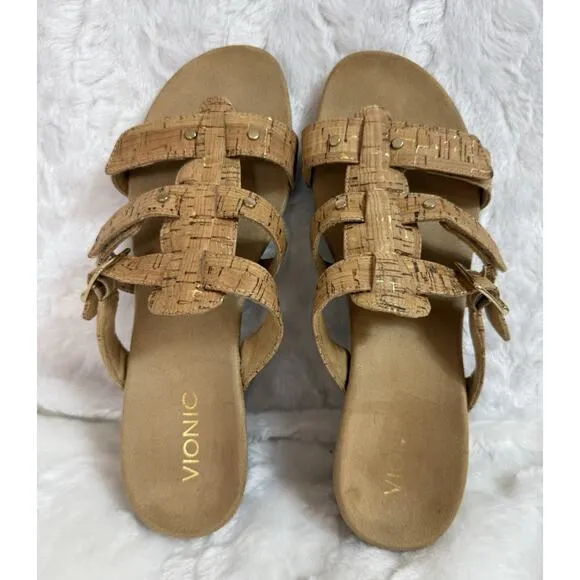 Vionic Women’s 381 Radia Tan Strappy Cork Wedge Orthotic Sandal Slide Size 9