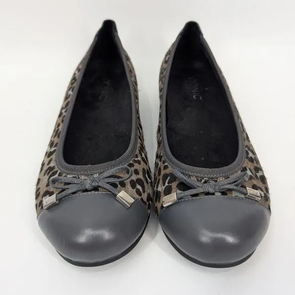 Vionic Women's Gray Brown Leopard Animal Print Leather Minna Flats Bow 8.5