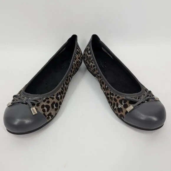 Vionic Women's Gray Brown Leopard Animal Print Leather Minna Flats Bow 8.5