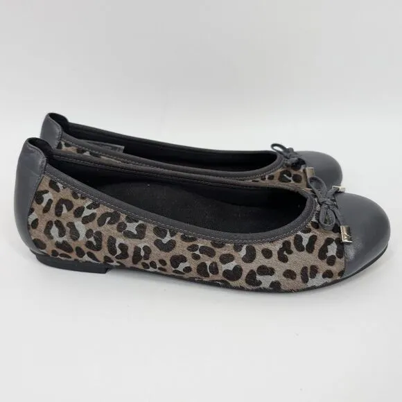 Vionic Women's Gray Brown Leopard Animal Print Leather Minna Flats Bow 8.5