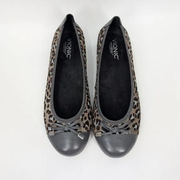 Vionic Women's Gray Brown Leopard Animal Print Leather Minna Flats Bow 8.5