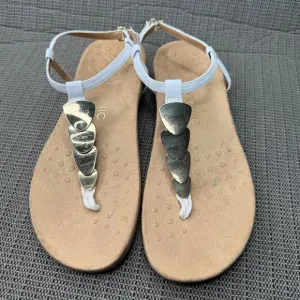 Vionic Womens Size 9 White Miami T-Strap Sandals With Gold Accents