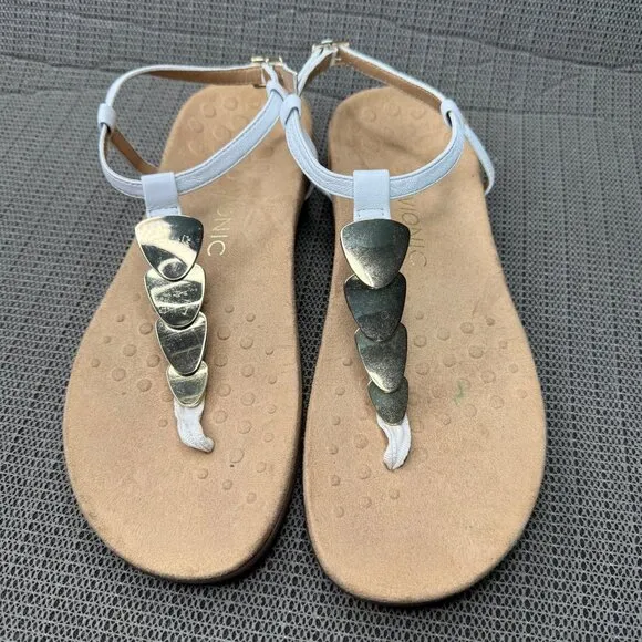 Vionic Womens Size 9 White Miami T-Strap Sandals With Gold Accents