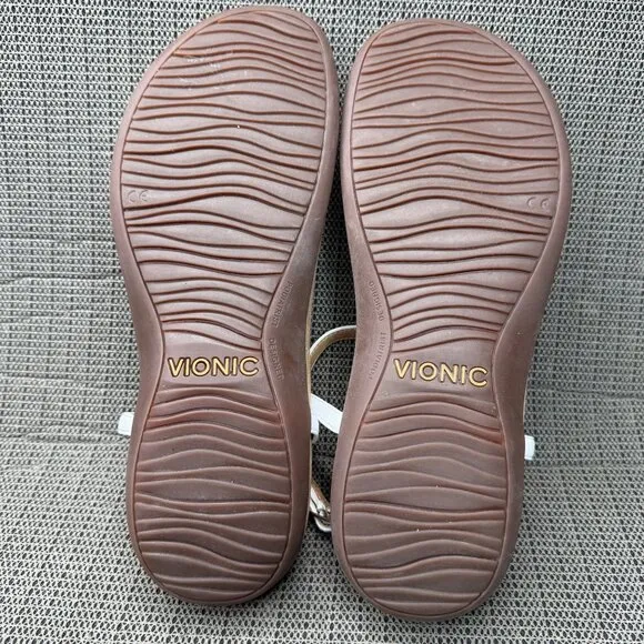 Vionic Womens Size 9 White Miami T-Strap Sandals With Gold Accents