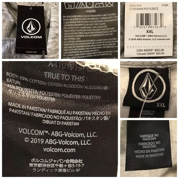 Volcom Mens Foreman Pullover Fleece Hoodie Size XXL Gray Lightweight Sweatshirt