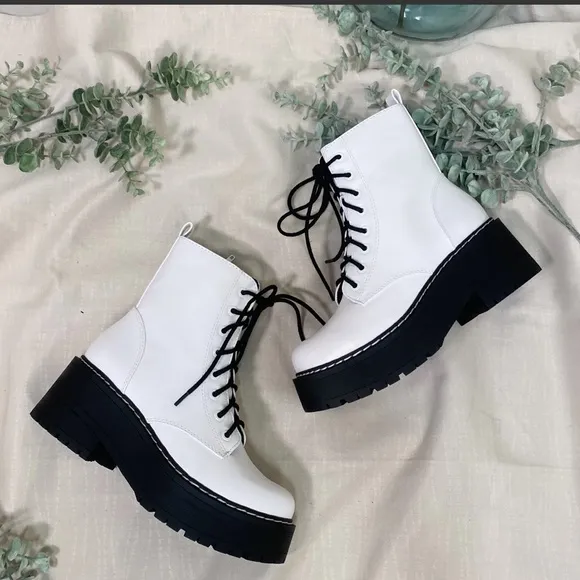 White Lace Up Platform Combat Boots