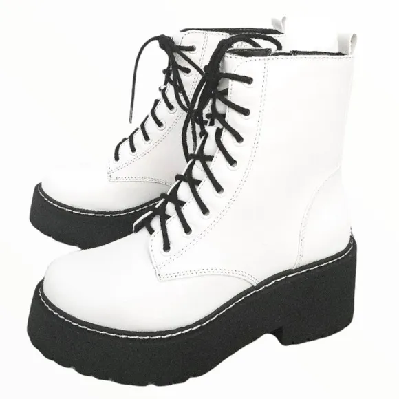White Lace Up Platform Combat Boots