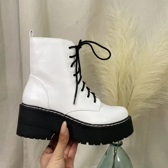 White Lace Up Platform Combat Boots