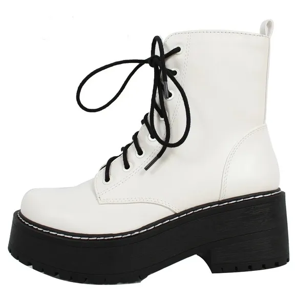 White Lace Up Platform Combat Boots