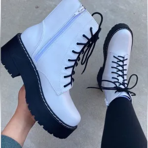 White Lace Up Platform Combat Boots