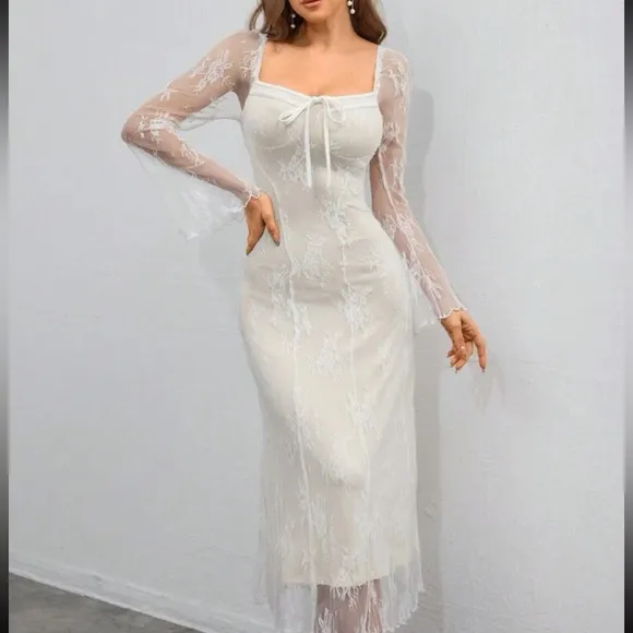 White long sleeve lace dress.