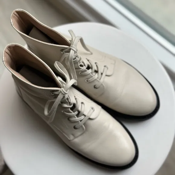White/cream leather Stuart Weitzman lace up boots