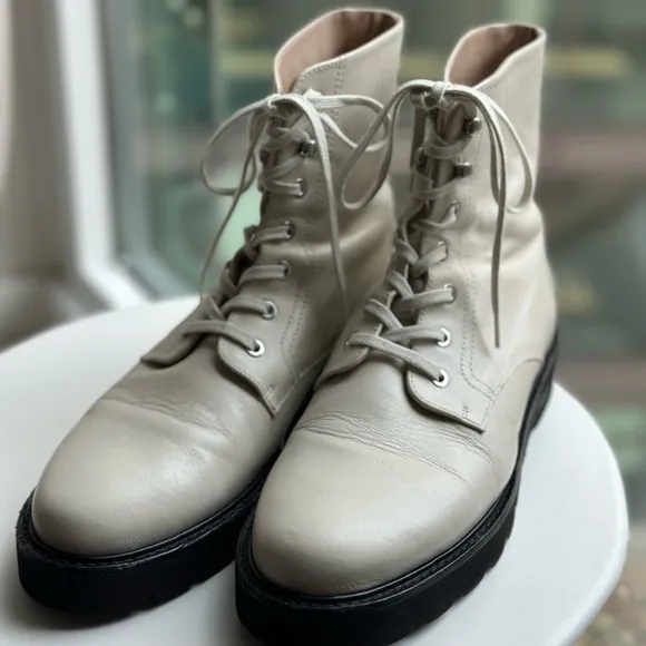 White/cream leather Stuart Weitzman lace up boots