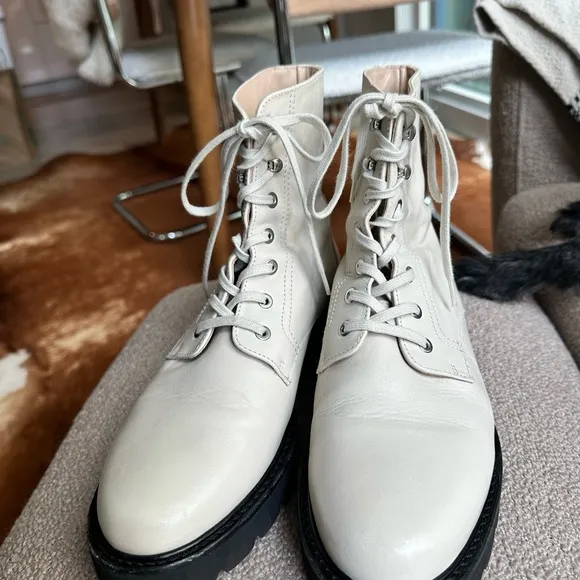 White/cream leather Stuart Weitzman lace up boots