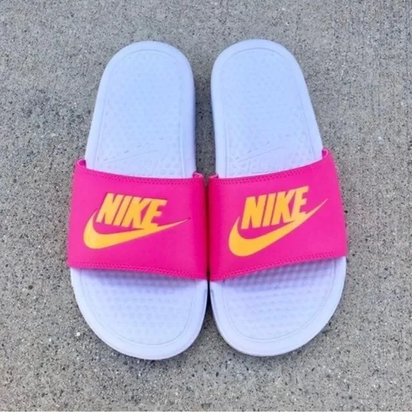 WMNS NIKE BENASSI SLIDES JUSTDO IT PINKS WHITES ORANGES LIMITED