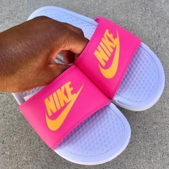 WMNS NIKE BENASSI SLIDES JUSTDO IT PINKS WHITES ORANGES LIMITED