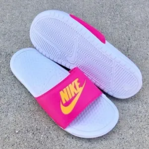 WMNS NIKE BENASSI SLIDES JUSTDO IT PINKS WHITES ORANGES LIMITED