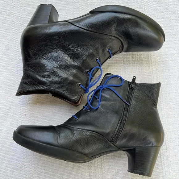 Wolky Black Leather Heel Ankle Boots Lace Up 41