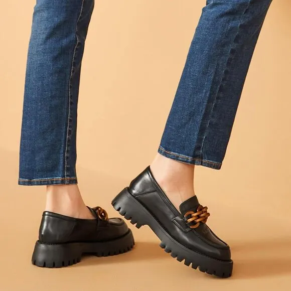 Women, Chunky Heel Lug Sole Loafers with Round Toe Business Work Shoes
