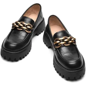 Women, Chunky Heel Lug Sole Loafers with Round Toe Business Work Shoes