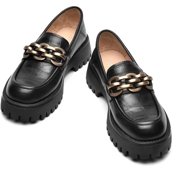 Women, Chunky Heel Lug Sole Loafers with Round Toe Business Work Shoes